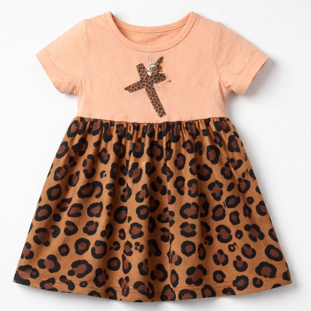 Marie Nicole Peach and animal print Bunny cross Easter dress size 6-12 months